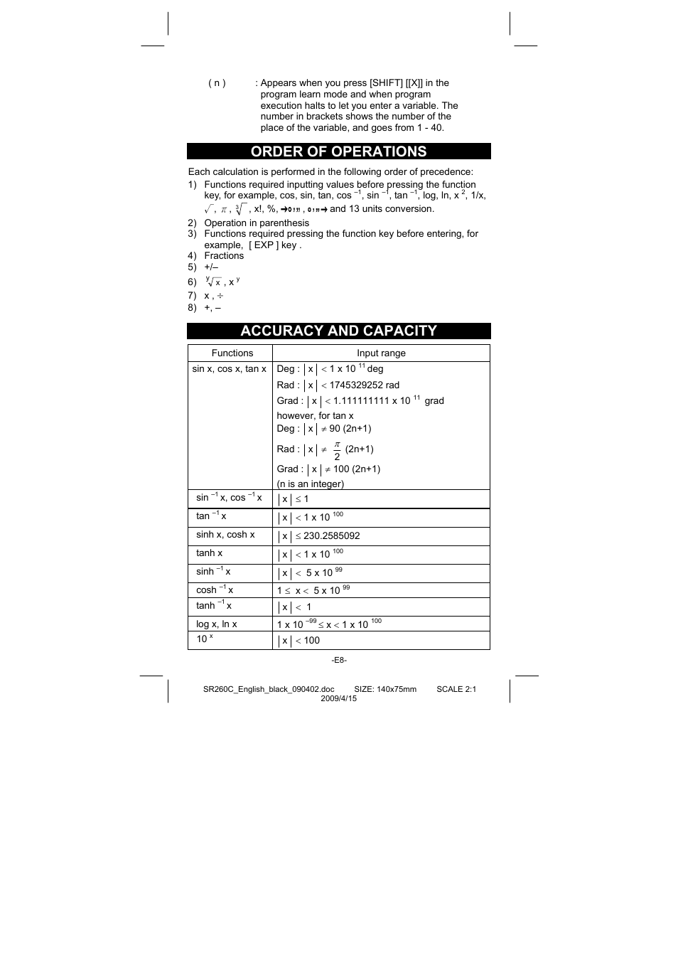 Order of operations, Accuracy and capacity | CITIZEN SRP-265N User Manual | Page 9 / 192