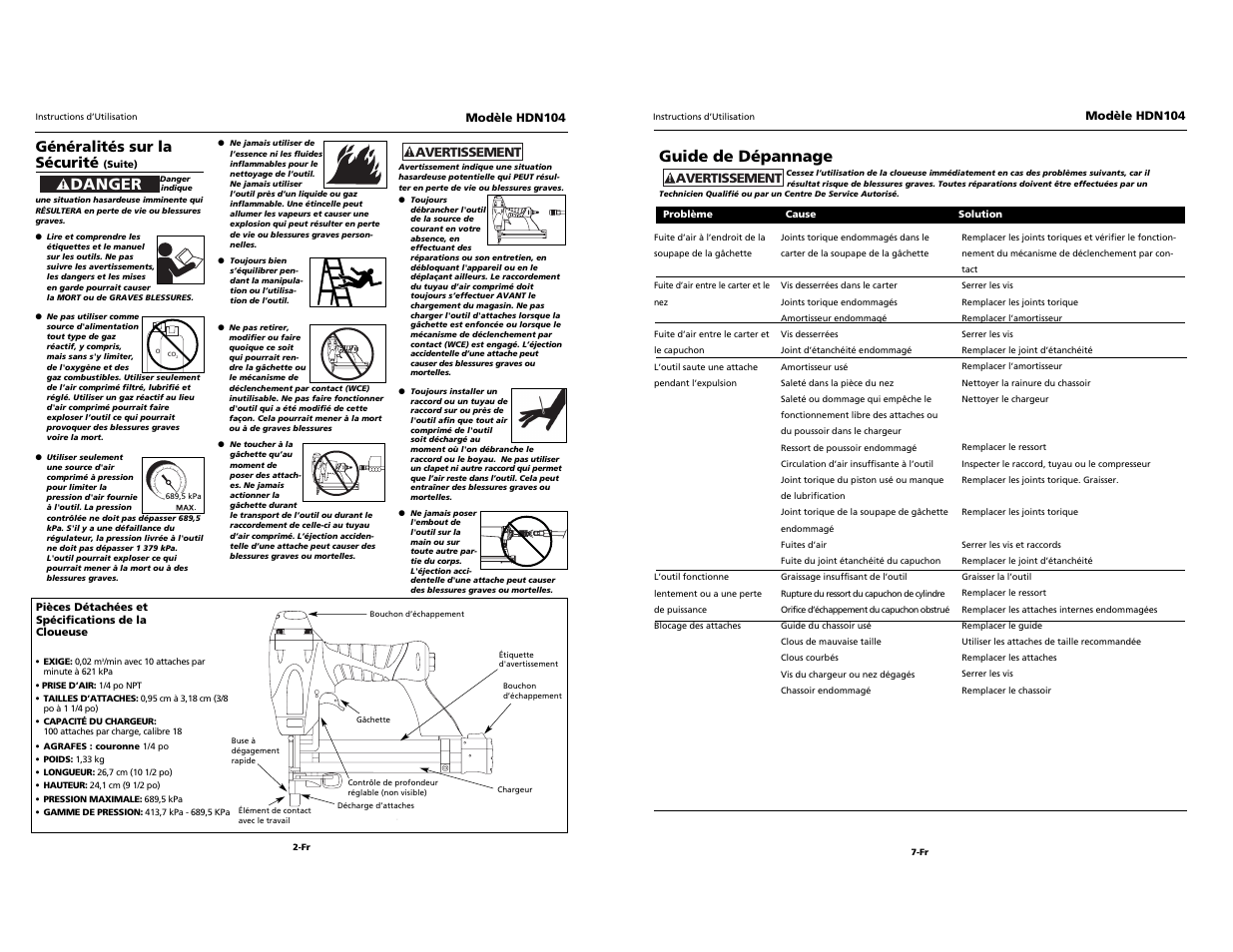 Guide de dépannage, Danger, Généralités sur la sécurité | Husky HDN104 User Manual | Page 10 / 12