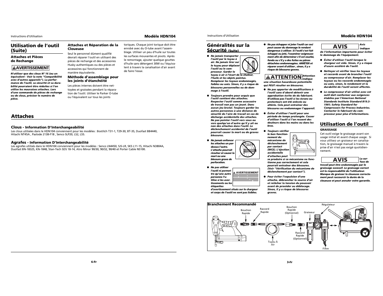 Avis, Attention, Attaches | Utilisation de l’outil (suite), Généralités sur la sécurité, Utilisation de l’outil | Husky HDN104 User Manual | Page 11 / 12