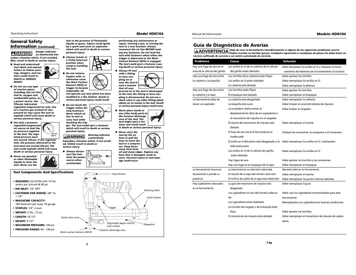 Guía de diagnóstico de averías, Advertencia, General safety information | Husky HDN104 User Manual | Page 2 / 12