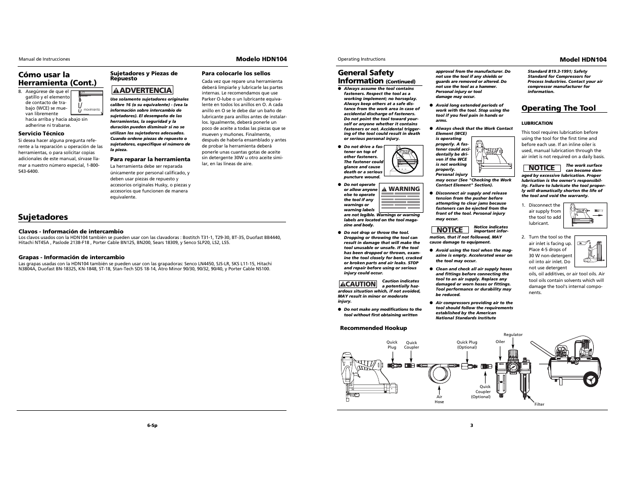 Sujetadores, Cómo usar la herramienta (cont.), Advertencia | General safety information, Operating the tool, Notice | Husky HDN104 User Manual | Page 3 / 12