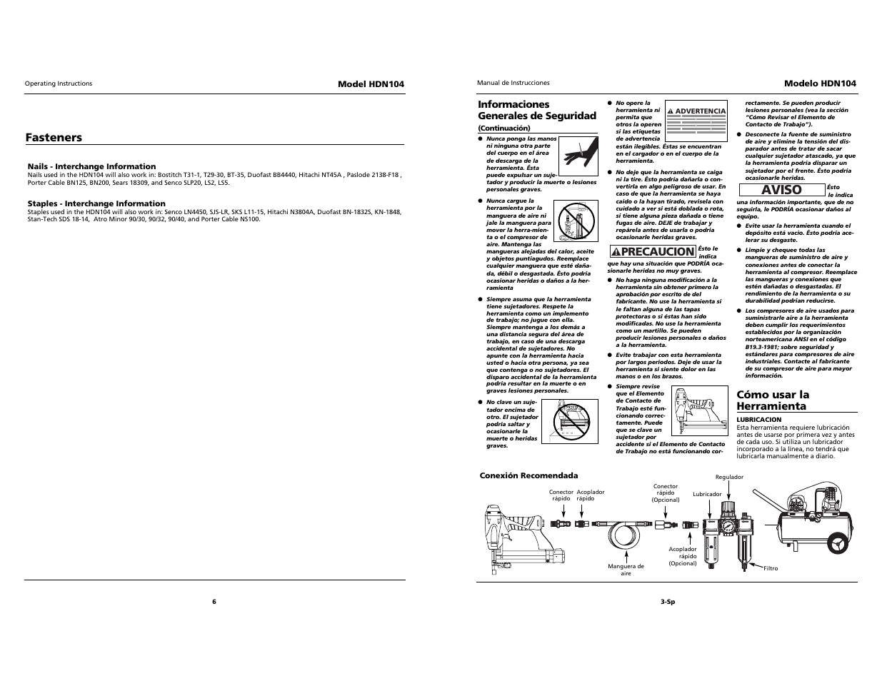 Aviso, Precaucion, Fasteners | Cómo usar la herramienta | Husky HDN104 User Manual | Page 6 / 12