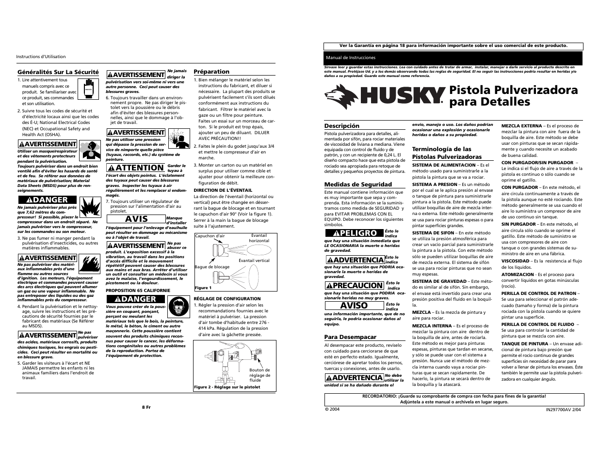 Pistola pulverizadora para detalles, Aviso, Peligro | Avis, Attention, Precaucion, Danger | Husky Spray Gun User Manual | Page 8 / 10