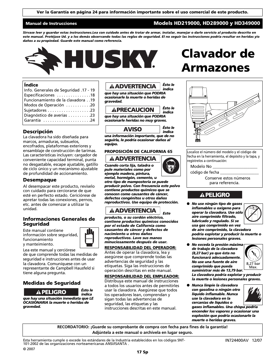 Clavador de armazones, Descripción, Desempaque | Informaciones generales de seguridad, Medidas de seguridad | Husky HD289000 User Manual | Page 17 / 24