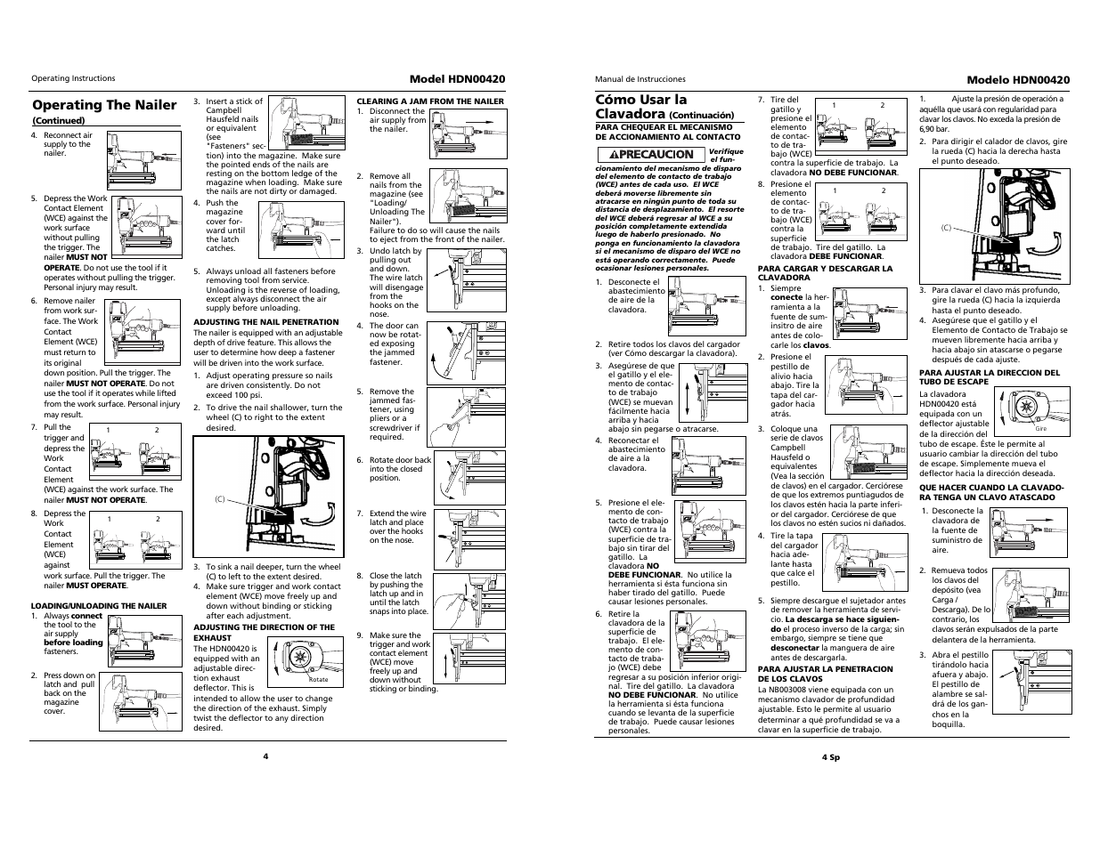 Operating the nailer, Cómo usar la clavadora | Husky hdn00420 User Manual | Page 4 / 10