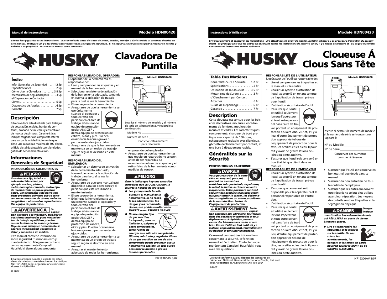 Cloueuse á clous sans tête, Clavadora de puntilla, Description | Généralités sur la sécurité, Descripción | Husky hdn00420 User Manual | Page 7 / 10