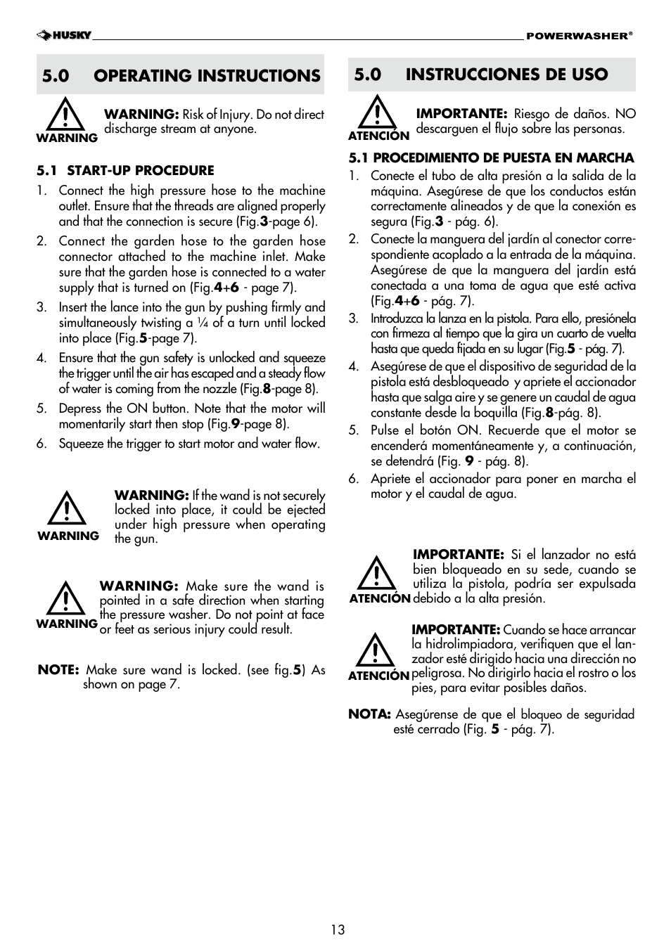 0 operating instructions, 0 instrucciones de uso | Husky H1600 User Manual | Page 13 / 32