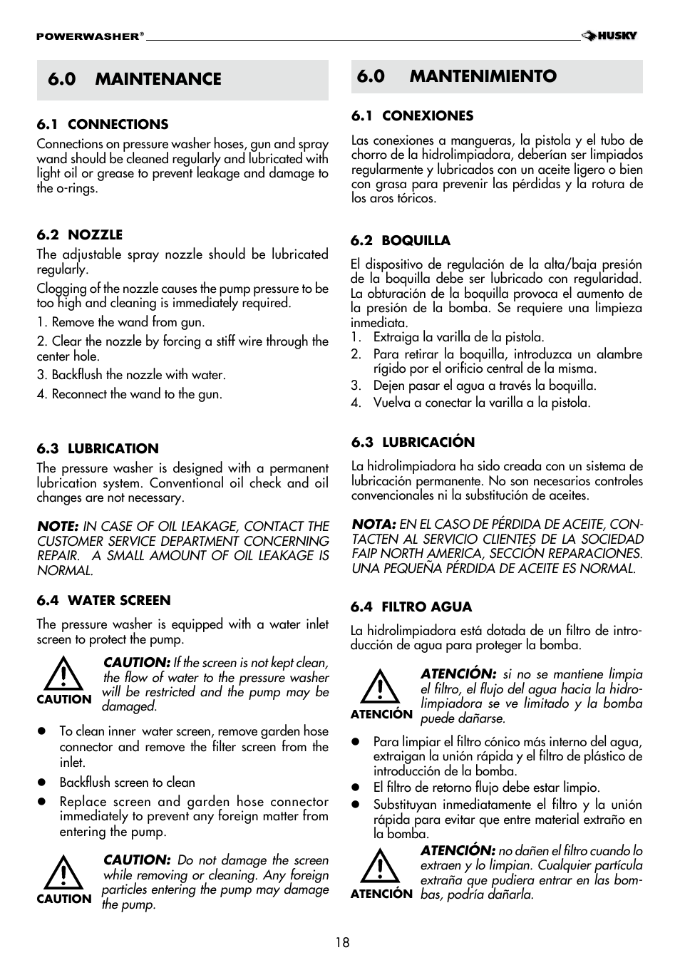 0 maintenance, 0 mantenimiento | Husky H1600 User Manual | Page 18 / 32
