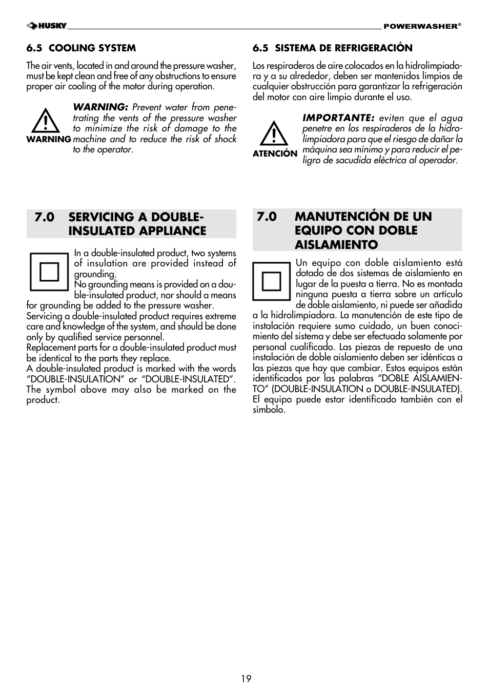 0 servicing a double- insulated appliance, 0 manutención de un equipo con doble aislamiento | Husky H1600 User Manual | Page 19 / 32