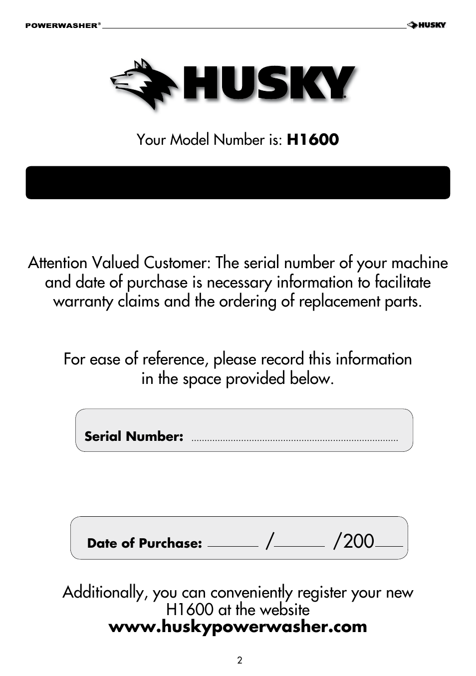 Important | Husky H1600 User Manual | Page 2 / 32