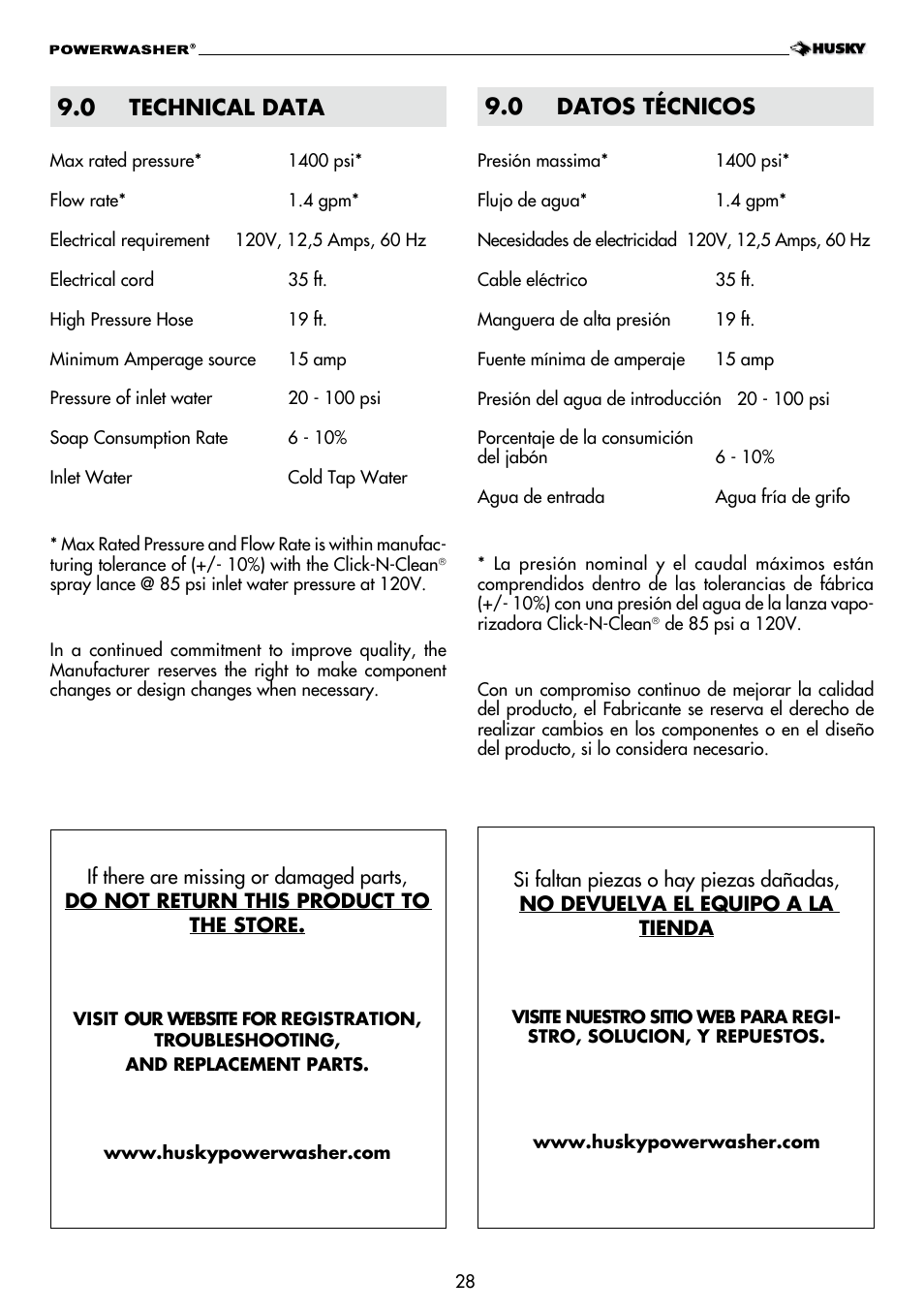 0 technical data 9.0 datos técnicos | Husky H1600 User Manual | Page 28 / 32