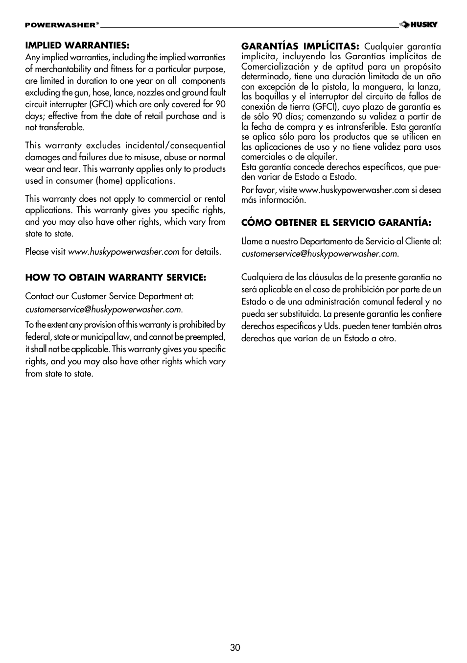 Husky H1600 User Manual | Page 30 / 32