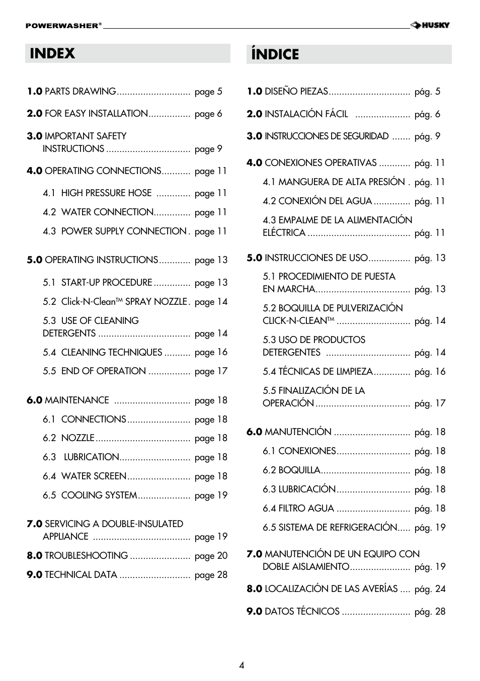 Index, Índice | Husky H1600 User Manual | Page 4 / 32