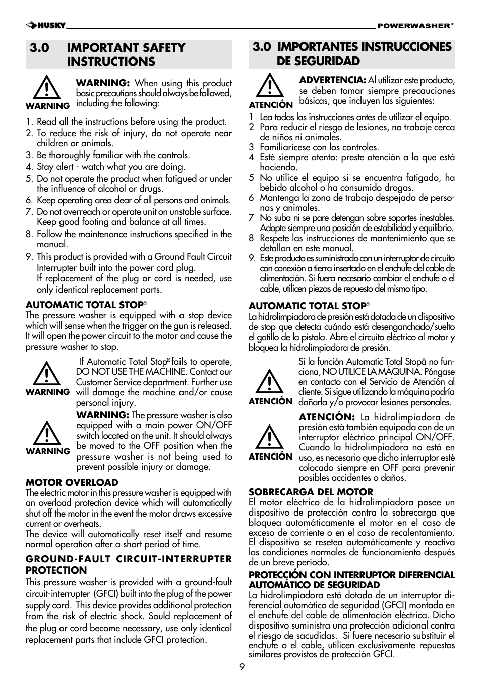 0 important safety instructions, 0 importantes instrucciones de seguridad | Husky H1600 User Manual | Page 9 / 32