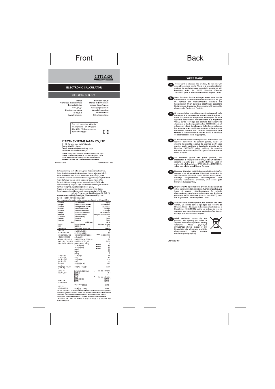 Weee mark | CITIZEN SLD-322BK User Manual | Page 2 / 2