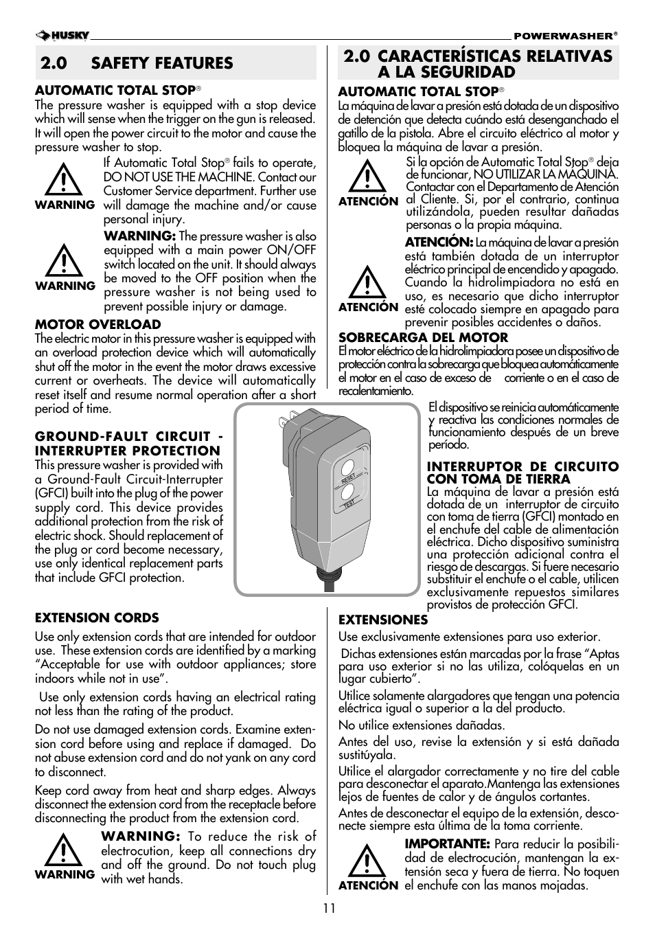 0 características relativas a la seguridad, 0 safety features | Husky POWERWASHER H2000 User Manual | Page 11 / 36