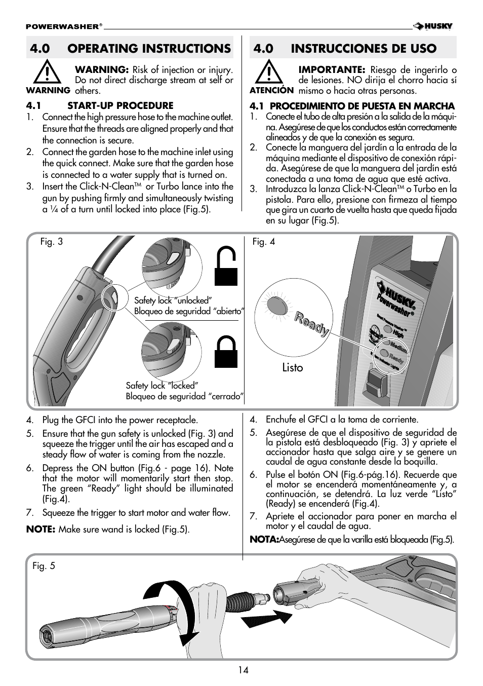 0 operating instructions, 0 instrucciones de uso, Listo | Husky POWERWASHER H2000 User Manual | Page 14 / 36