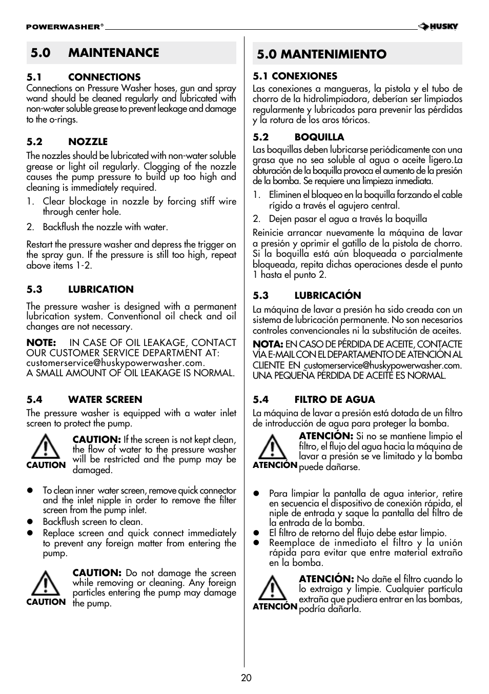 0 maintenance, 0 mantenimiento | Husky POWERWASHER H2000 User Manual | Page 20 / 36
