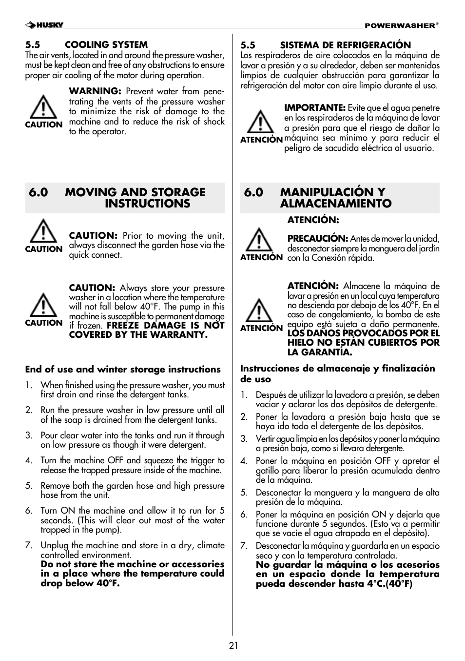 0 moving and storage instructions, 0 manipulación y almacenamiento | Husky POWERWASHER H2000 User Manual | Page 21 / 36