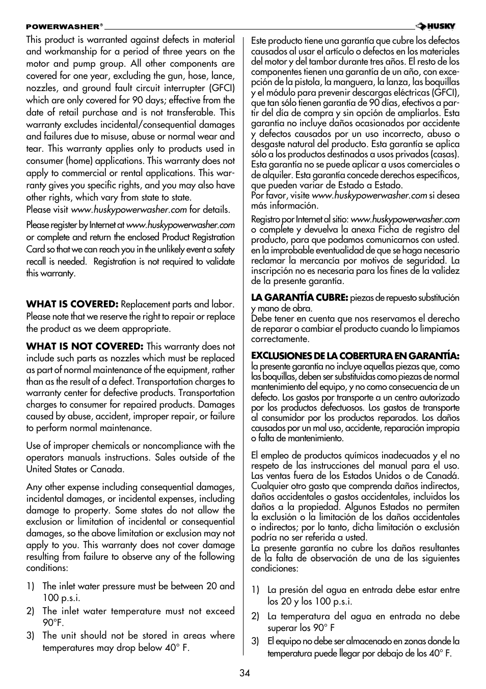 Husky POWERWASHER H2000 User Manual | Page 34 / 36