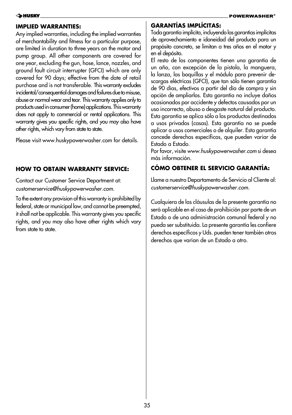 Husky POWERWASHER H2000 User Manual | Page 35 / 36