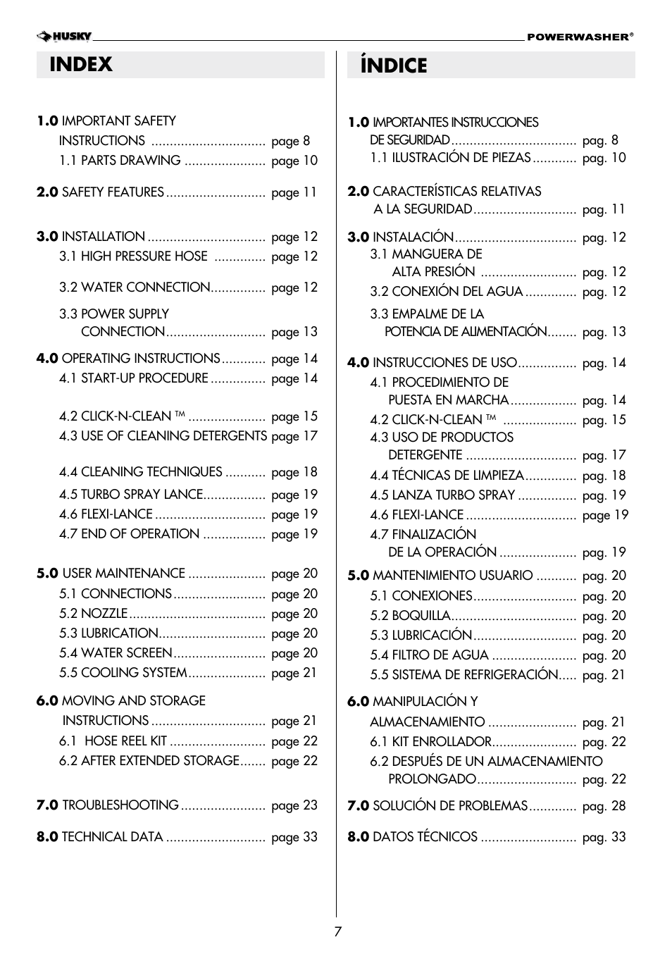 Índice, Index | Husky POWERWASHER H2000 User Manual | Page 7 / 36
