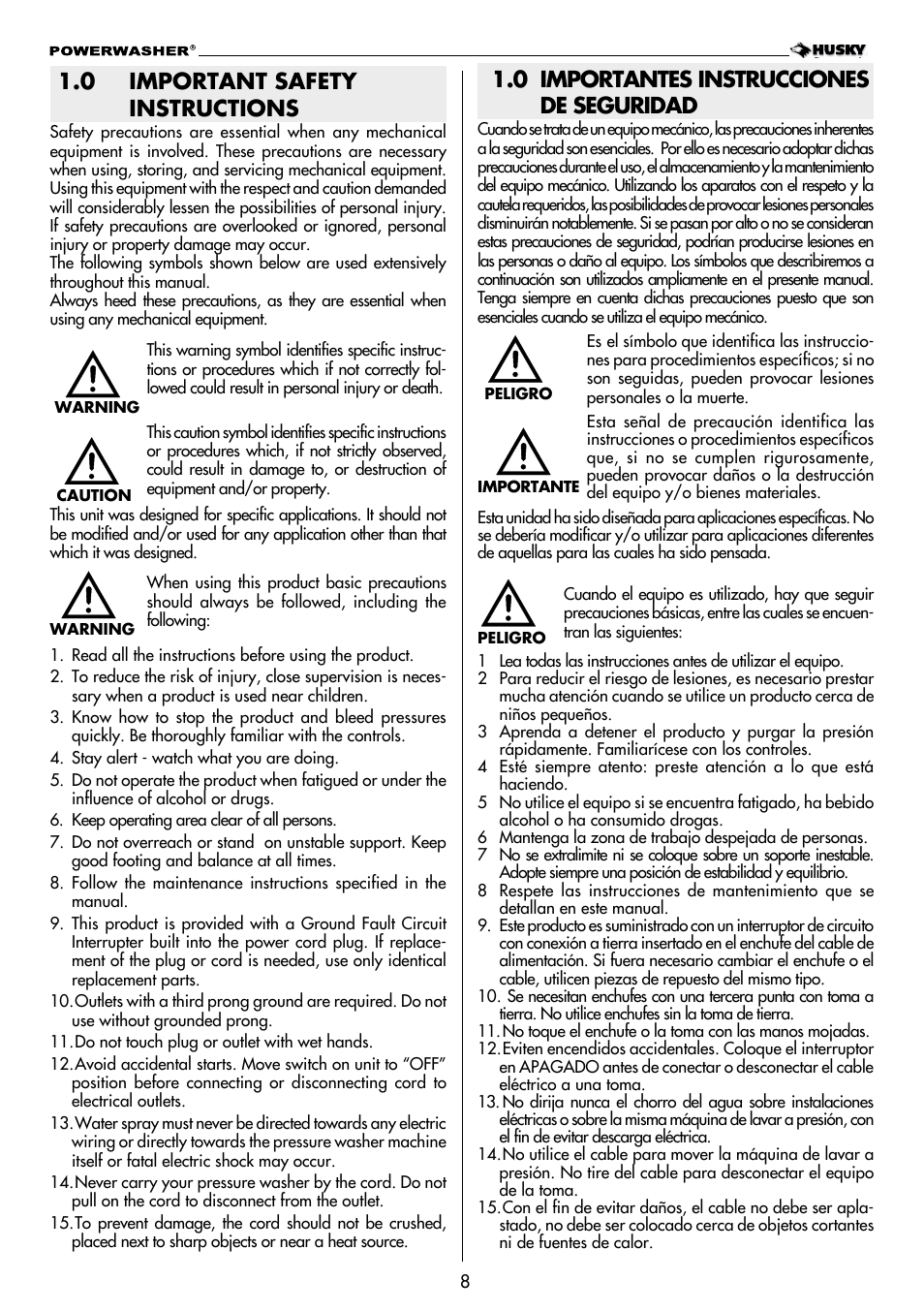 0 importantes instrucciones de seguridad, 0 important safety instructions | Husky POWERWASHER H2000 User Manual | Page 8 / 36
