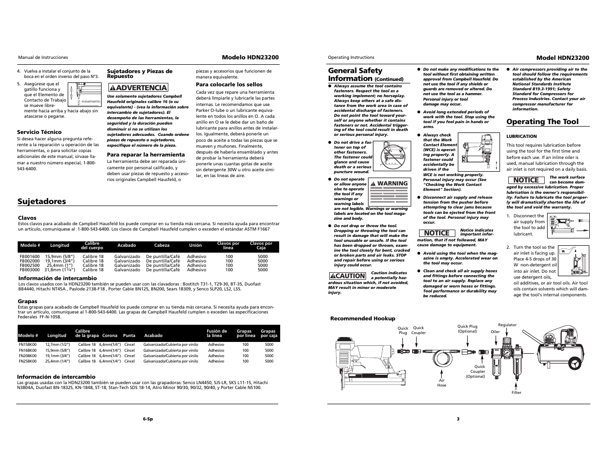 O i l, Sujetadores, Advertencia | General safety information, Operating the tool, Notice | Husky HDN23200 User Manual | Page 3 / 12