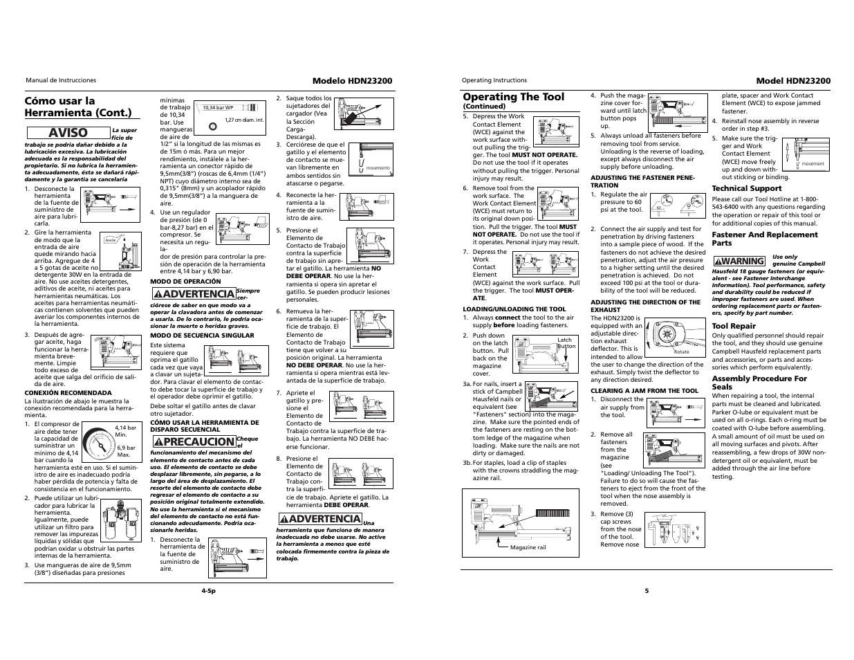 Aviso, Built to last, Precaucion | Advertencia cómo usar la herramienta (cont.), Operating the tool, Advertencia | Husky HDN23200 User Manual | Page 5 / 12