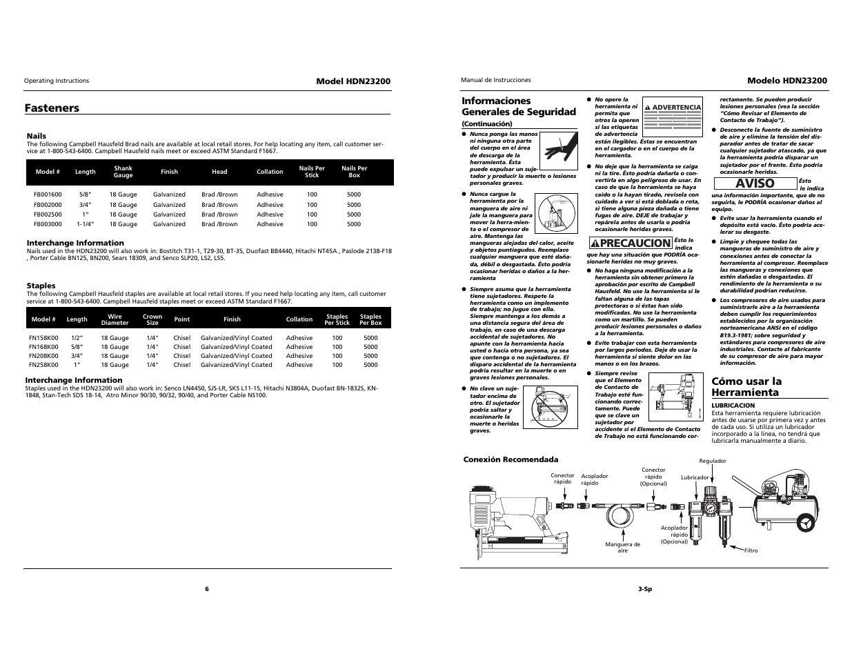 Aviso, O i l, Precaucion | Fasteners, Cómo usar la herramienta | Husky HDN23200 User Manual | Page 6 / 12