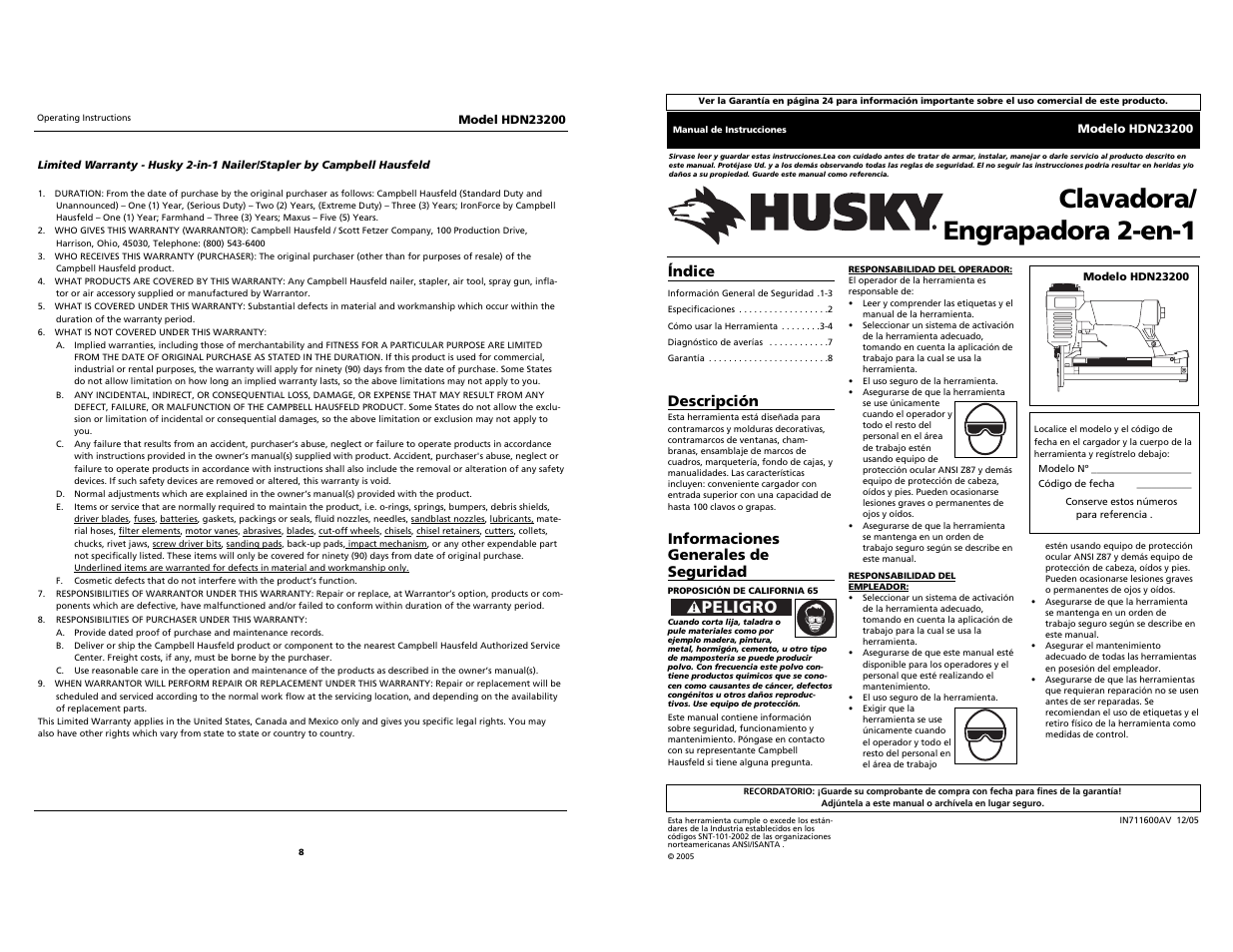Clavadora/ engrapadora 2-en-1, Peligro, Índice | Descripción, Informaciones generales de seguridad | Husky HDN23200 User Manual | Page 8 / 12