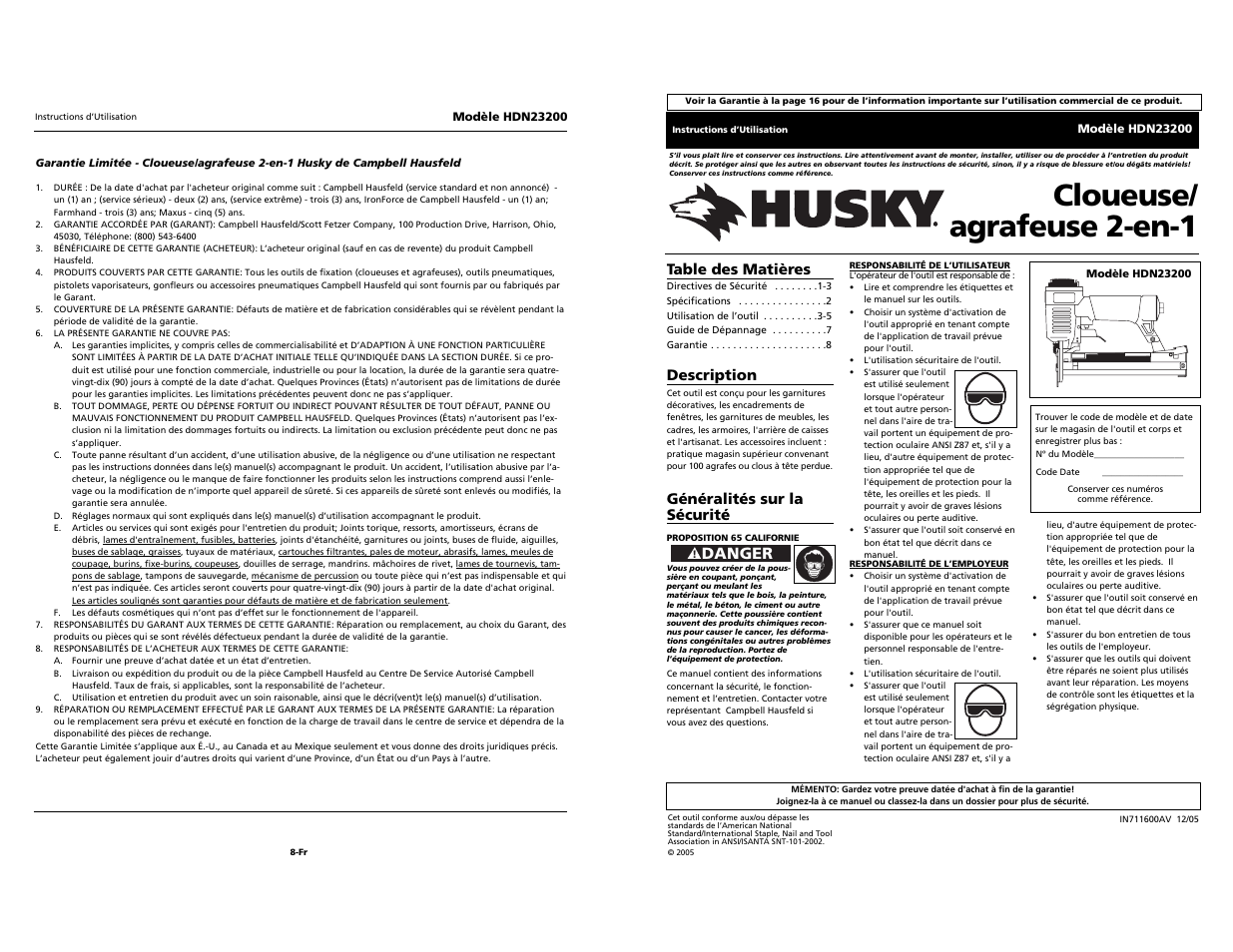Cloueuse/ agrafeuse 2-en-1, Danger | Husky HDN23200 User Manual | Page 9 / 12
