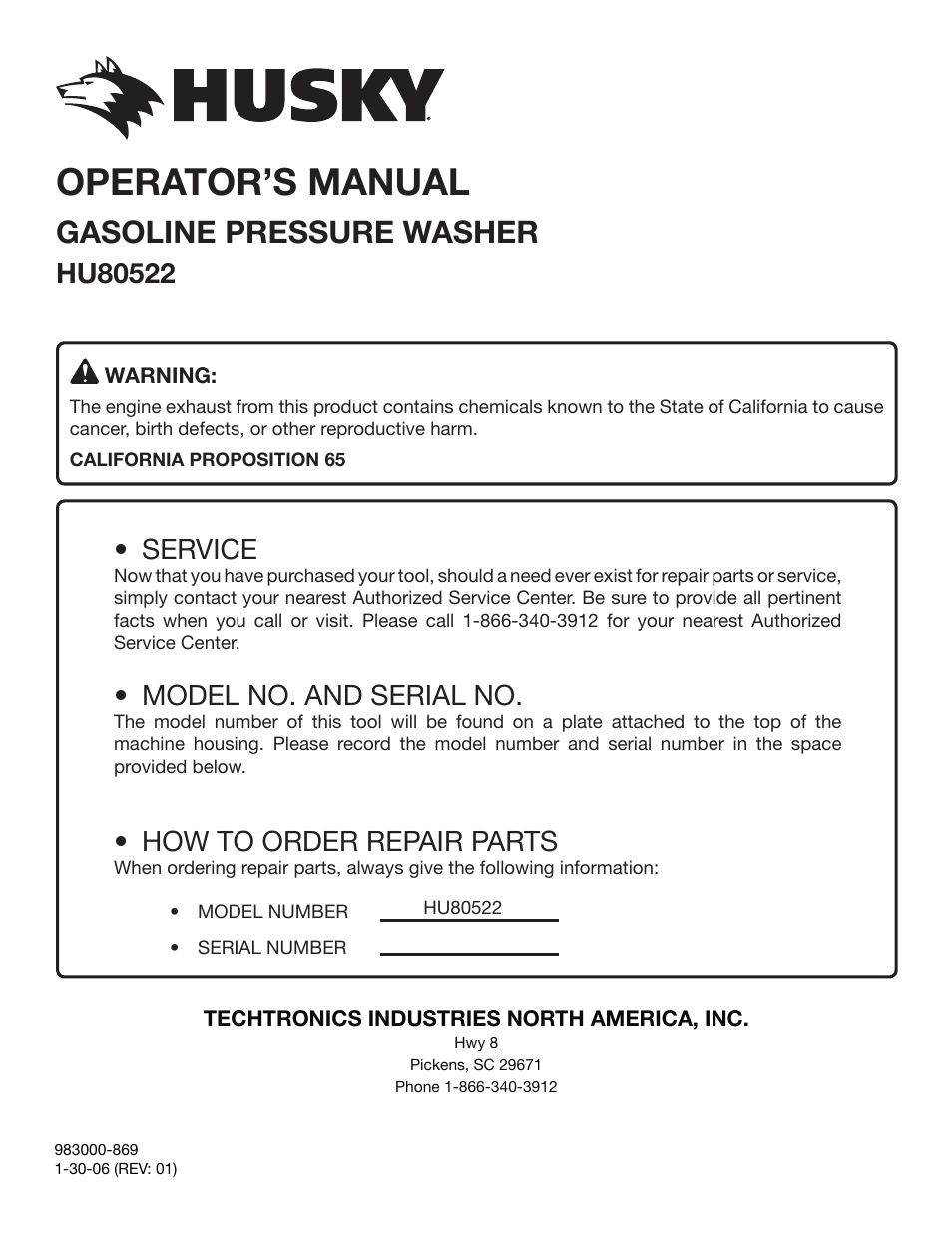 Operator’s manual, Gasoline pressure washer, Service | Model no. and serial no, How to order repair parts | Husky HU80522 User Manual | Page 22 / 22