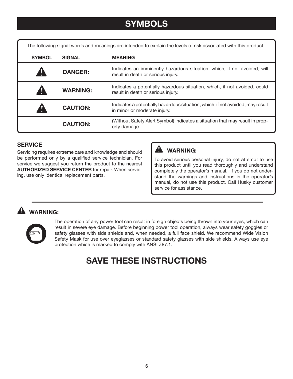 Symbols, Save these instructions | Husky HU80522 User Manual | Page 6 / 22