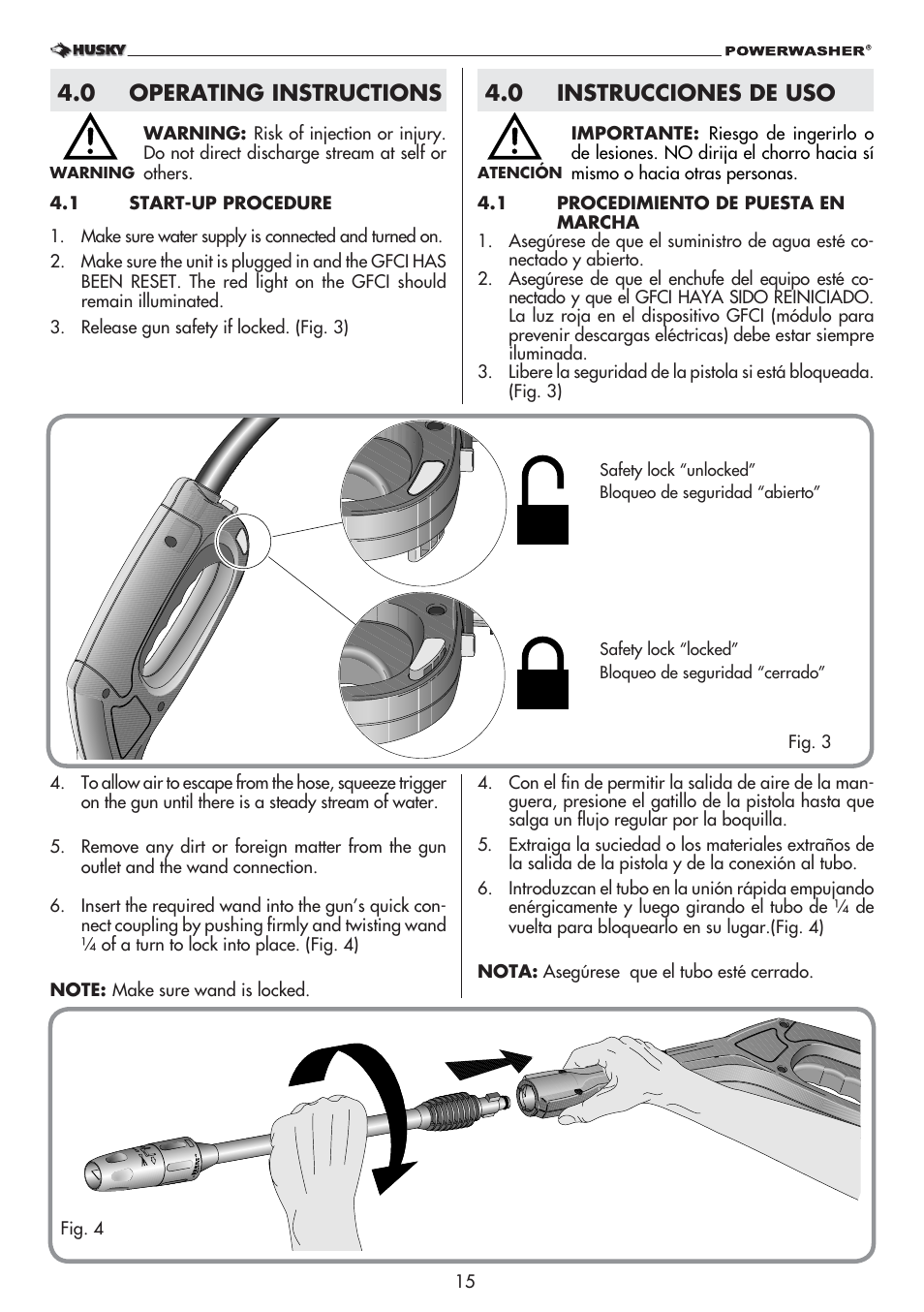 0 operating instructions, 0 instrucciones de uso | Husky 1800 User Manual | Page 15 / 36