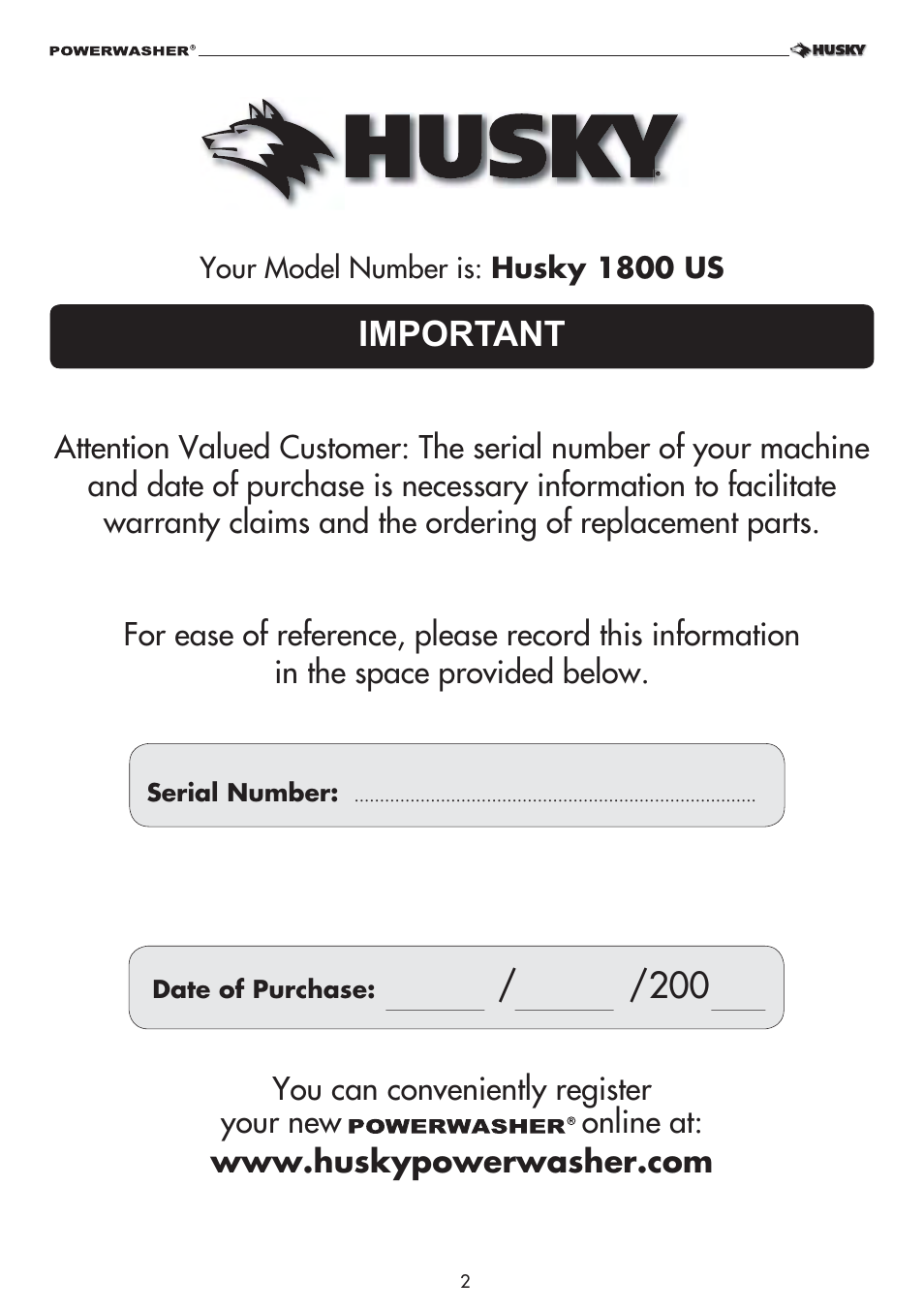 Important | Husky 1800 User Manual | Page 2 / 36