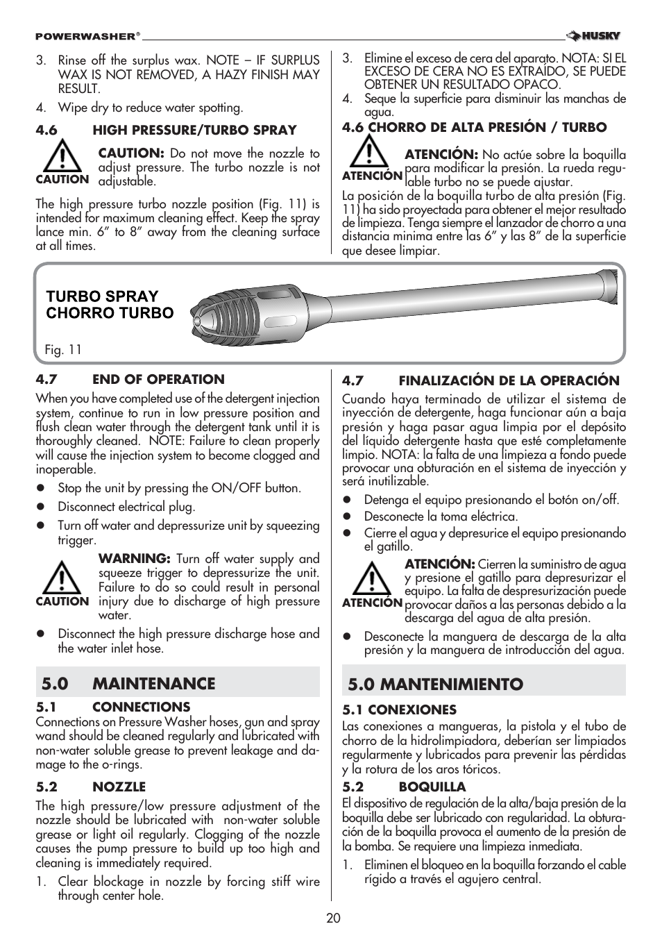 0 maintenance, 0 mantenimiento | Husky 1800 User Manual | Page 20 / 36