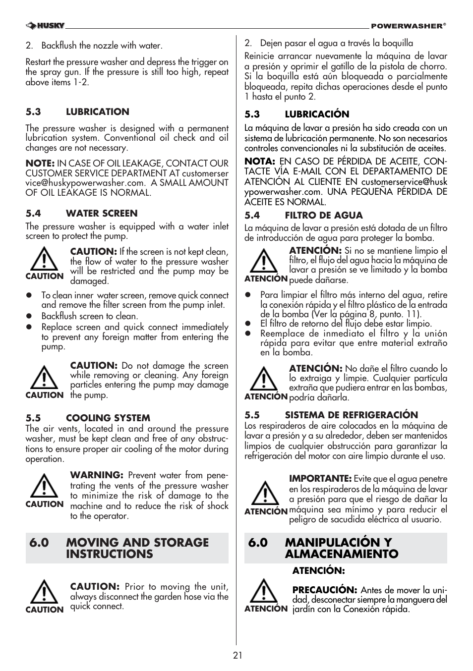 0 moving and storage instructions, 0 manipulación y almacenamiento | Husky 1800 User Manual | Page 21 / 36