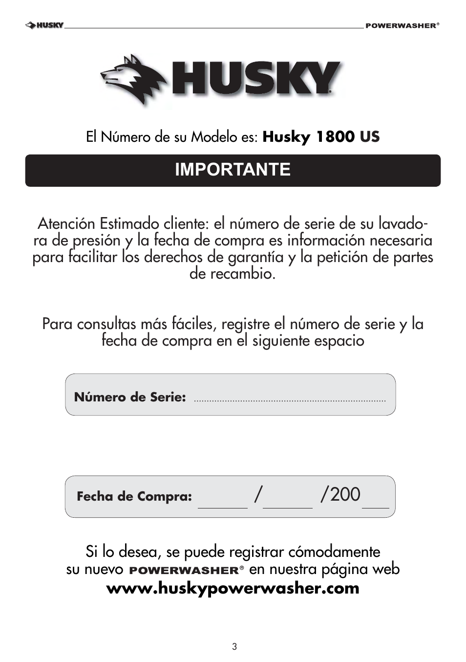 Importante | Husky 1800 User Manual | Page 3 / 36