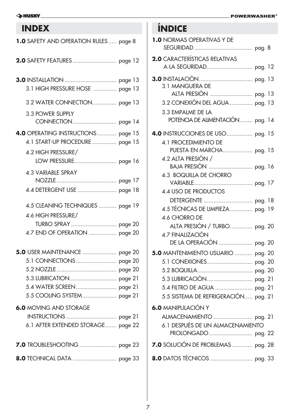 Index, Índice | Husky 1800 User Manual | Page 7 / 36