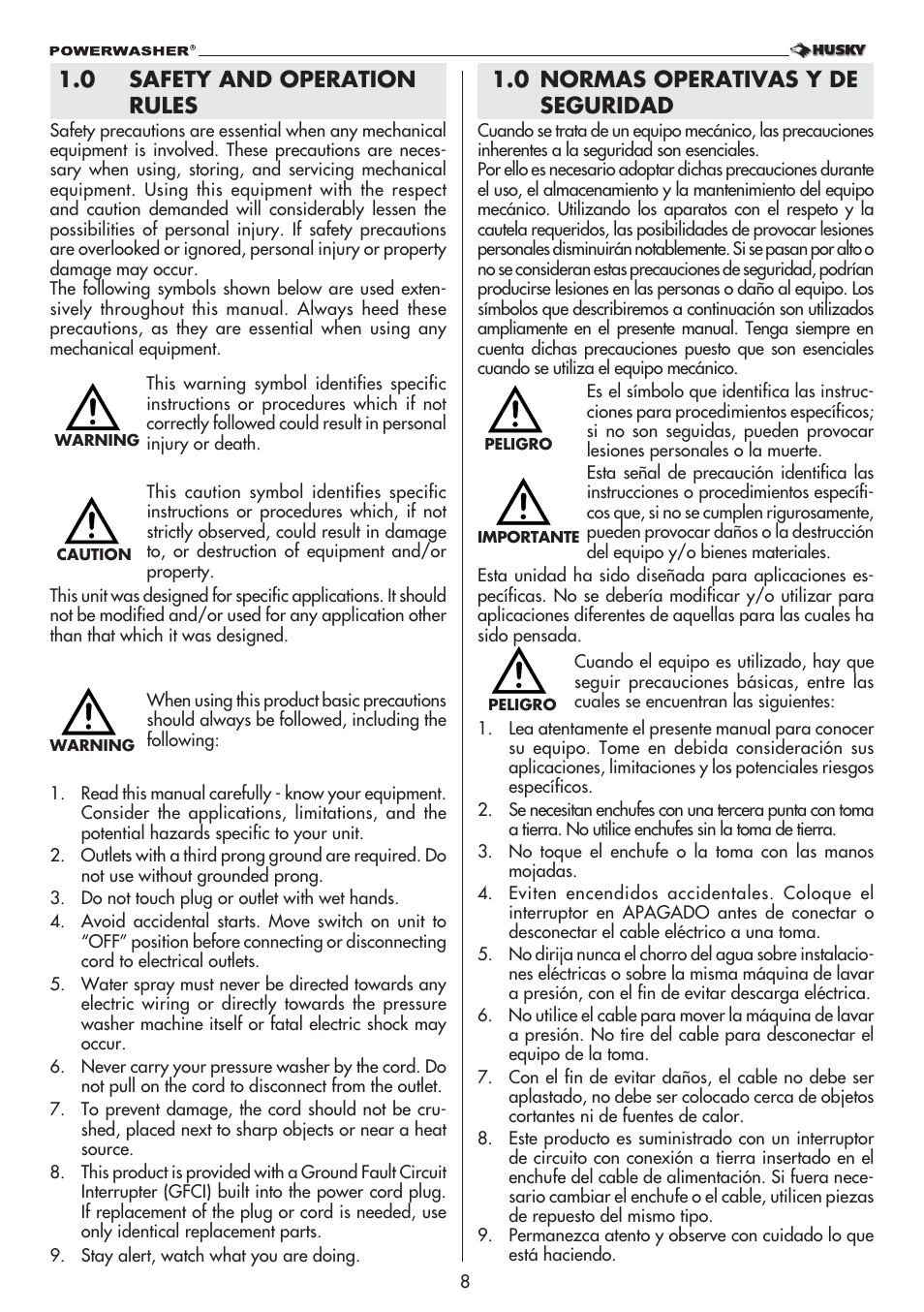 0 normas operativas y de seguridad, 0 safety and operation rules | Husky 1800 User Manual | Page 8 / 36