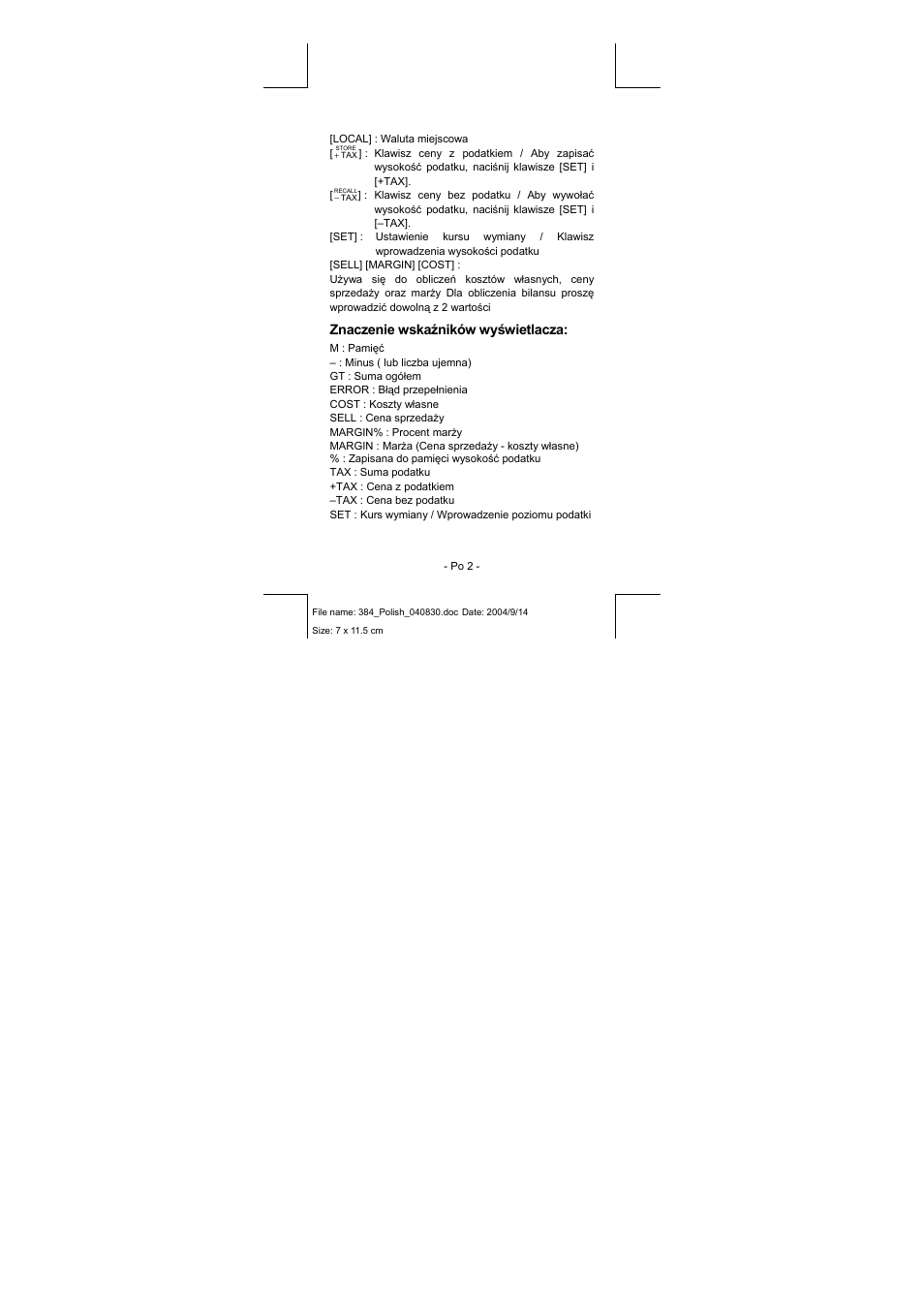 Znaczenie wskaźników wyświetlacza | CITIZEN CPC-1010 User Manual | Page 17 / 45