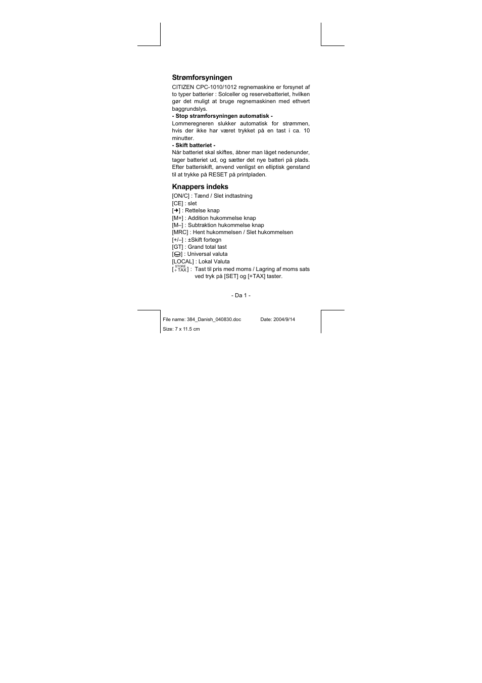 384_danish_040830.pdf | CITIZEN CPC-1010 User Manual | Page 20 / 45