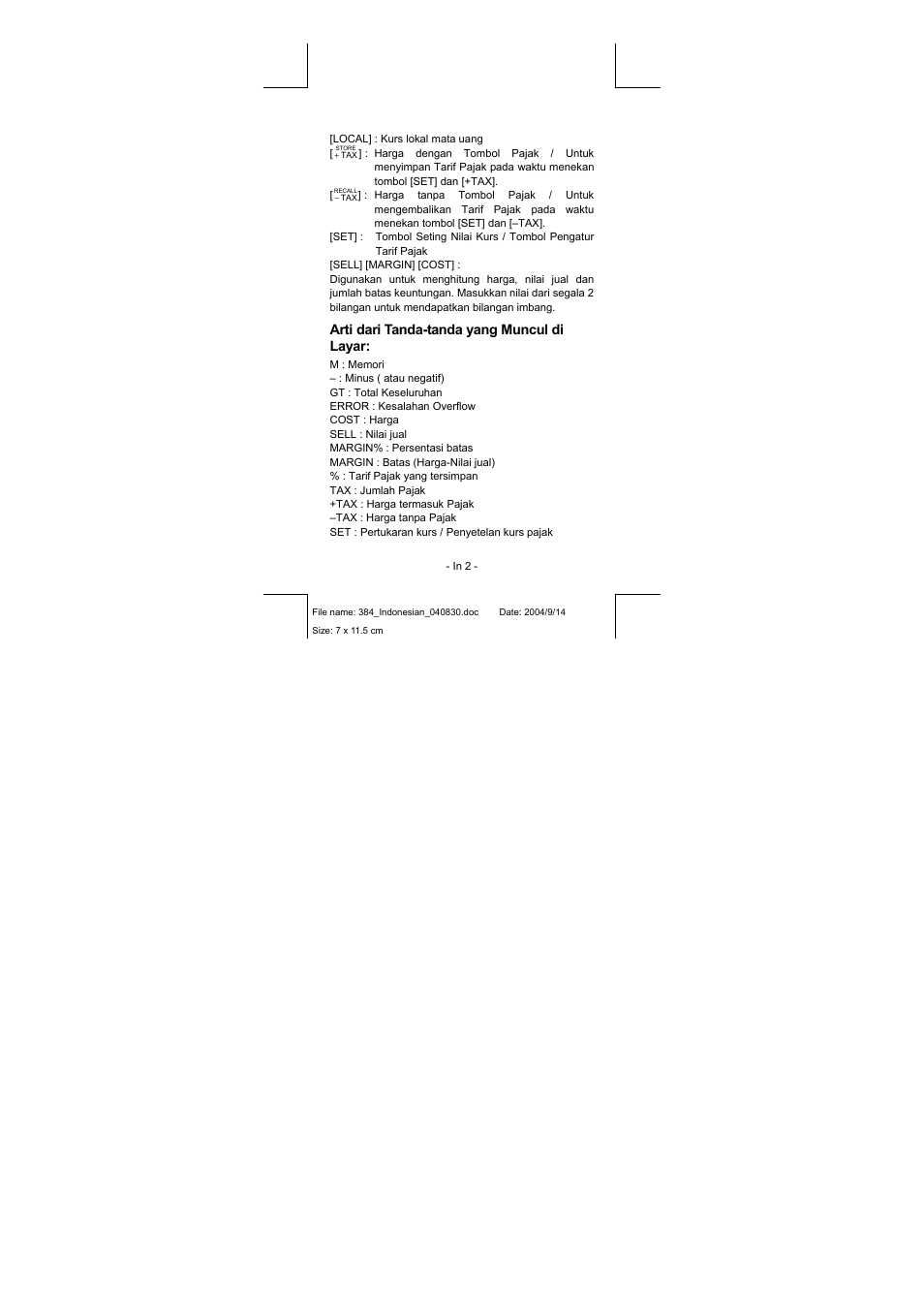 Arti dari tanda-tanda yang muncul di layar | CITIZEN CPC-1010 User Manual | Page 25 / 45