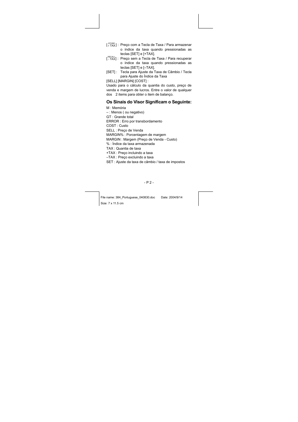 Os sinais do visor significam o seguinte | CITIZEN CPC-1010 User Manual | Page 7 / 45