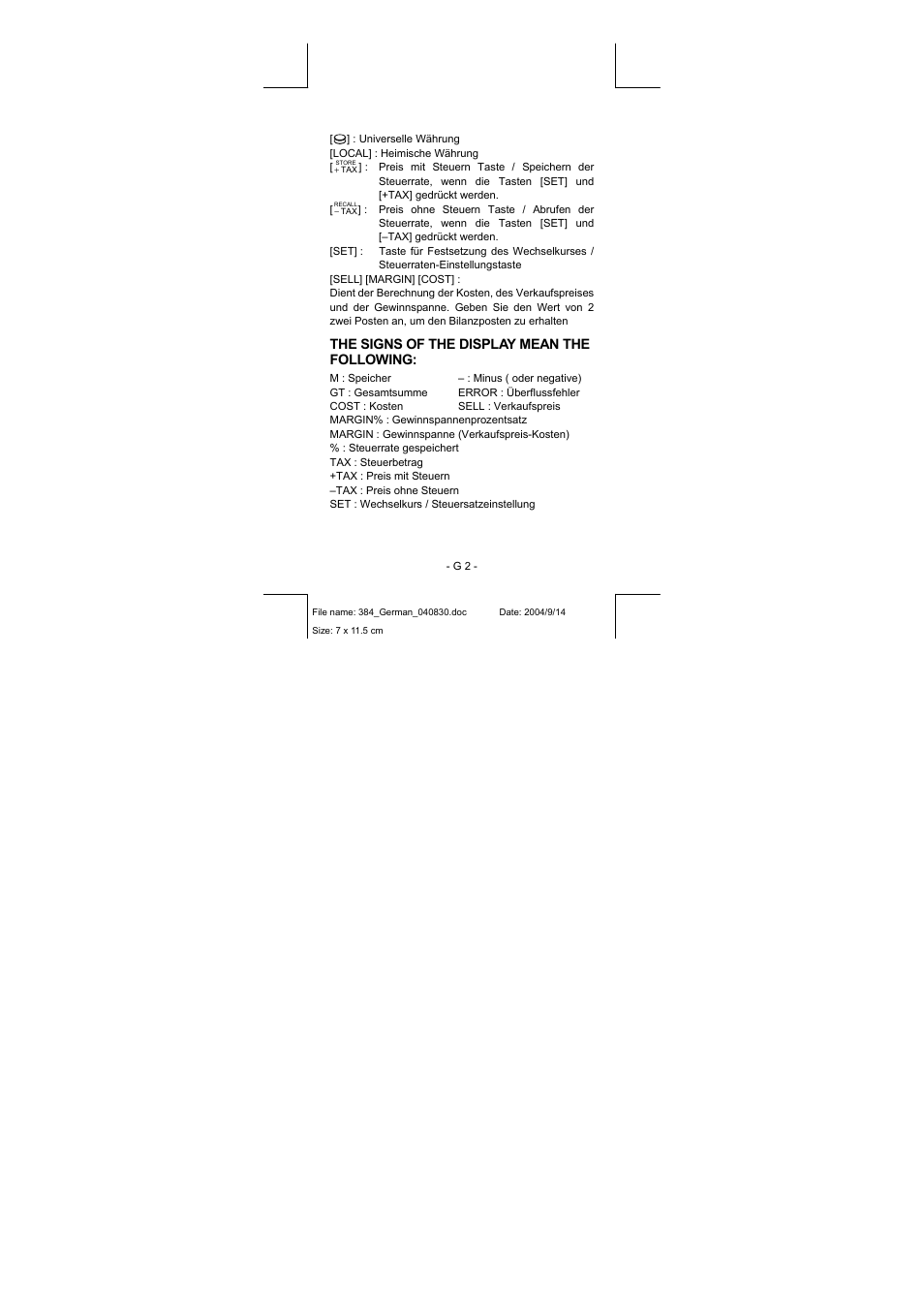 The signs of the display mean the following | CITIZEN CPC-1010 User Manual | Page 9 / 45