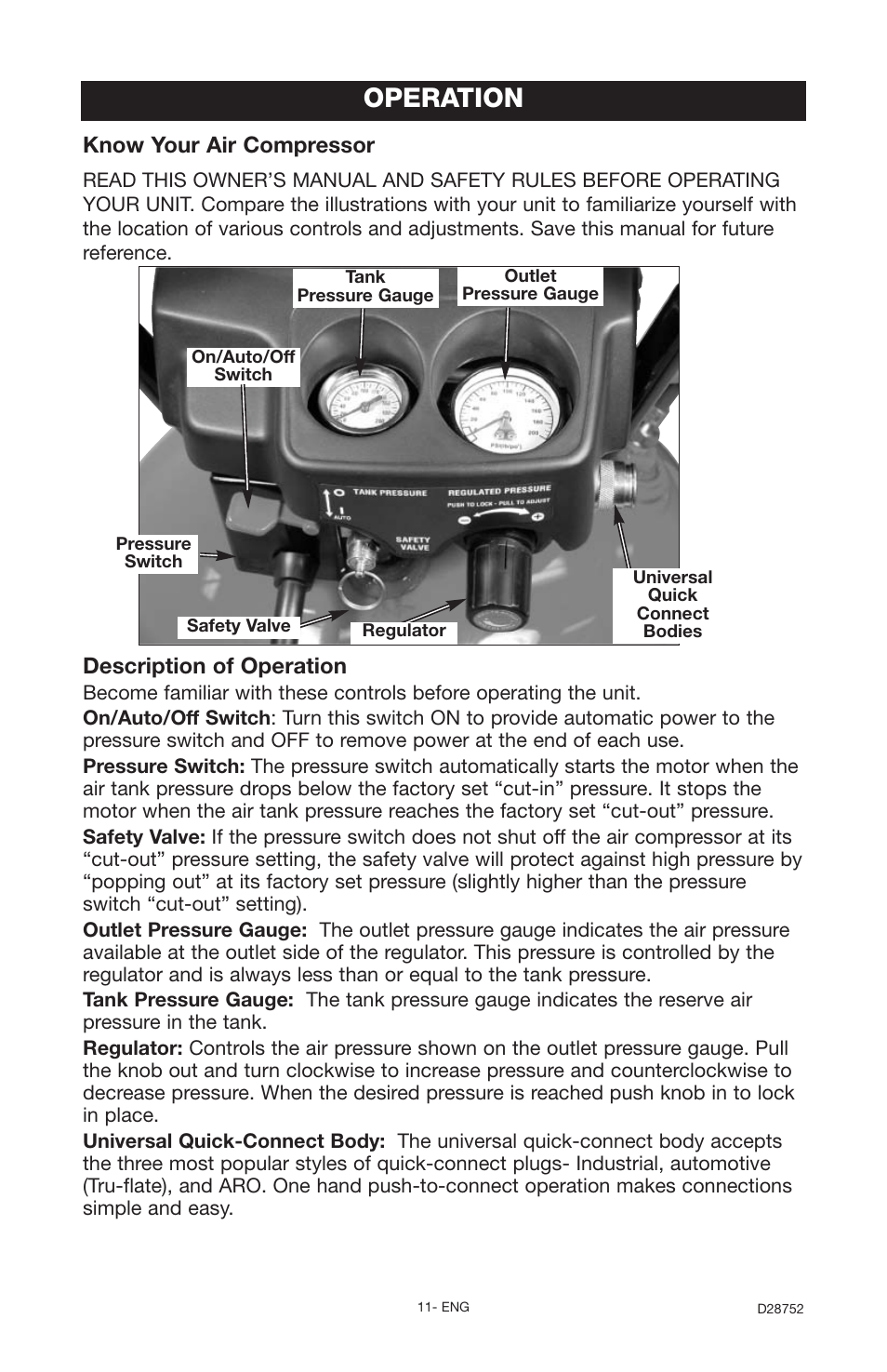 Operation, Description of operation, Know your air compressor | Husky D28752 User Manual | Page 11 / 60