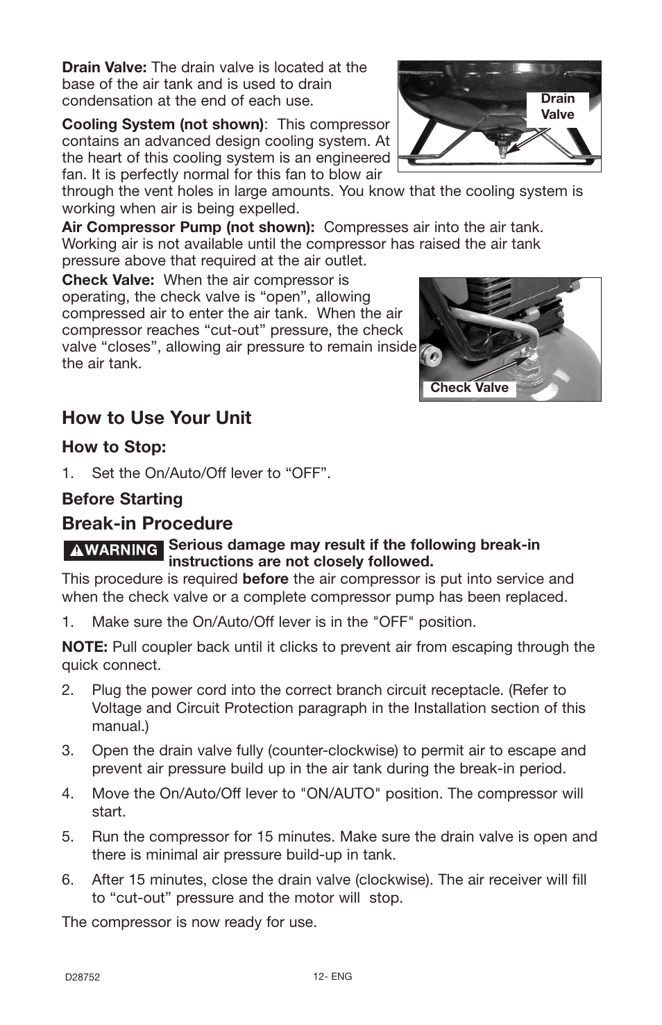 Break-in procedure, How to use your unit | Husky D28752 User Manual | Page 12 / 60