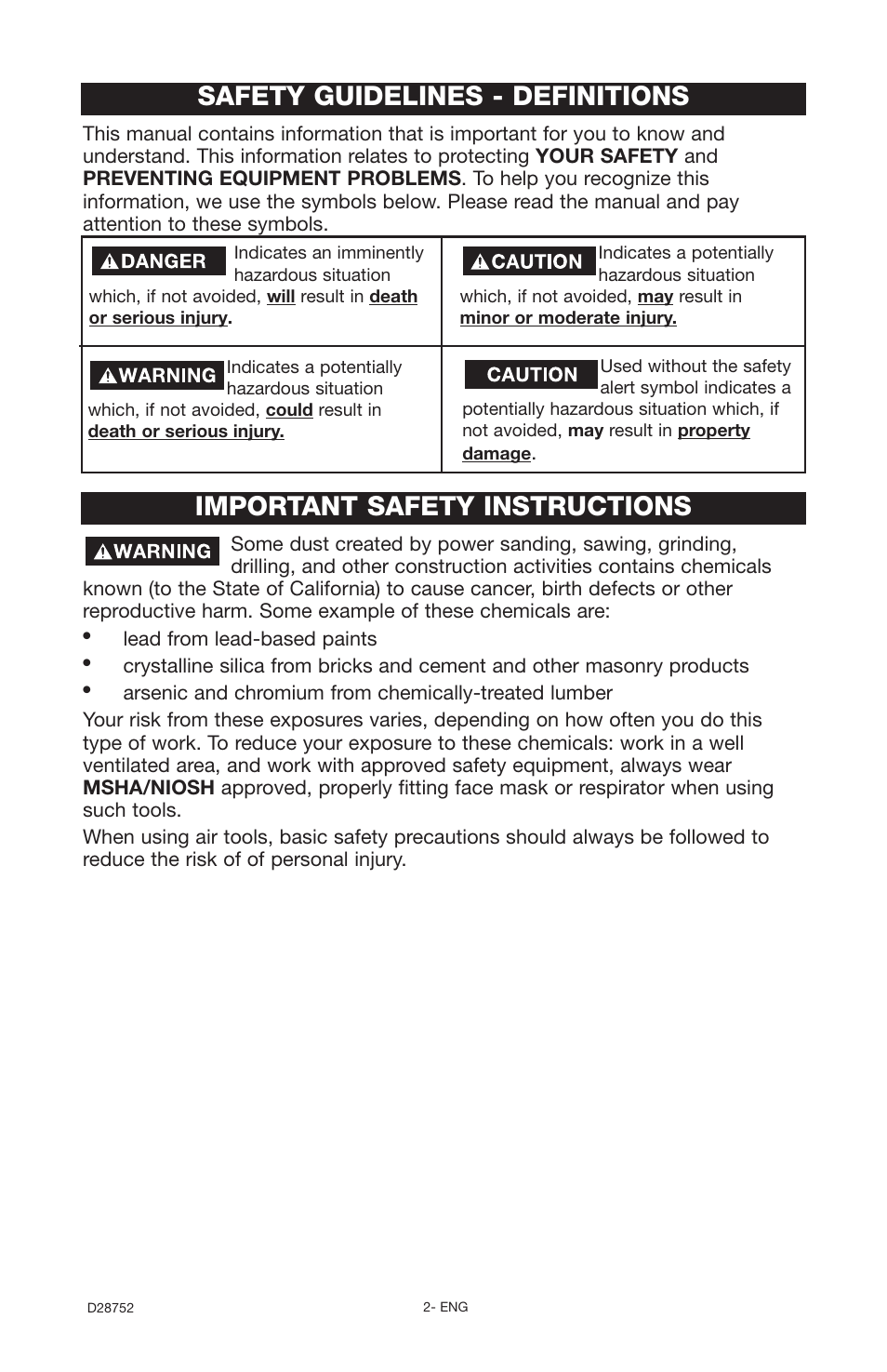 Safety guidelines - definitions, Important safety instructions | Husky D28752 User Manual | Page 2 / 60