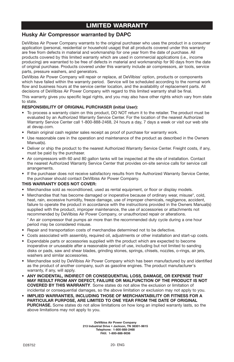 Limited warranty, Husky air compressor warranted by dapc | Husky D28752 User Manual | Page 20 / 60